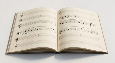 Fototapeta premium Open notebook with musical notation staves on white background