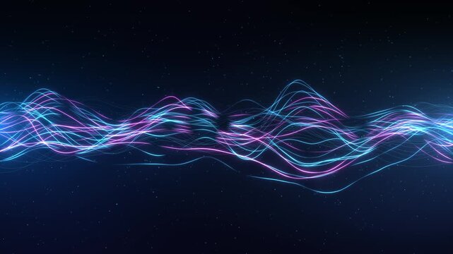 Electric Wave Light background. for music visuals, 3D VJ tech promos fluid neon ribbons in cyan magenta sweep starry field, rhythmic audio-reactive vibes smooth energy for modern digital stages.