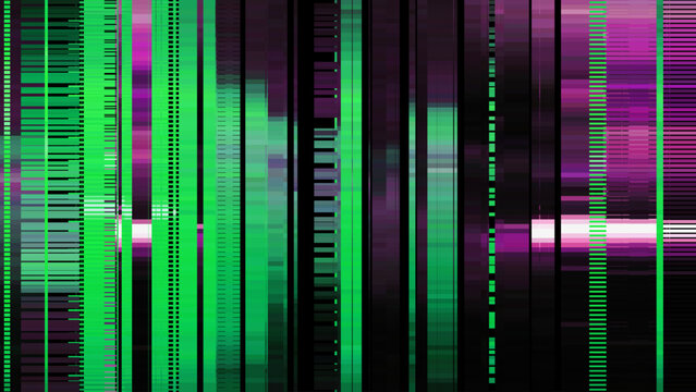 Dark abstract digital glitch background with distortion effect, colorful vertical streaks, bright dynamic strokes, green and purple color lines for design concepts, wallpapers, presentations, posters.