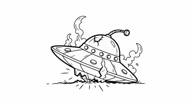 Cartoon illustration of a crashing, cracked flying saucer emitting smoke