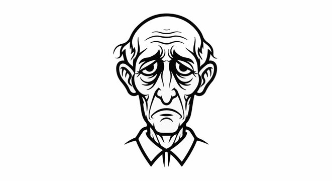 Black and white line drawing of a distressed elderly man's face, showing deep wrinkles and sad eyes
