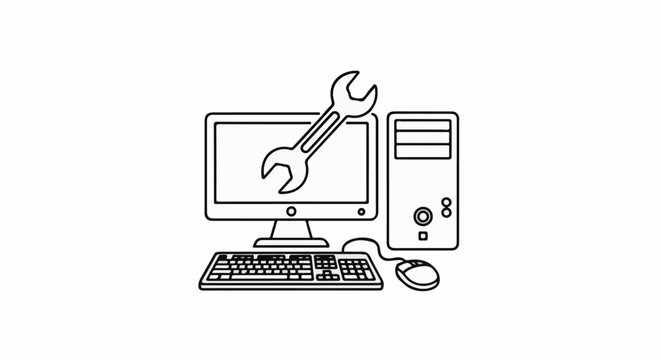 A spanner icon overlaid on a computer setup, implying repair
