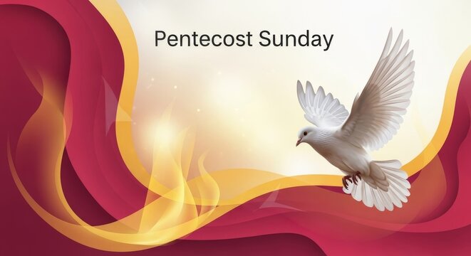 A white dove flies across a red and gold abstract background with a glowing fire element and Pentecost Sunday text.