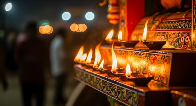 Lit clay diyas illuminate the decorated chariot during Puri's Rath Yatra