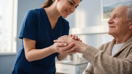 Fototapeta premium Doctor holding elderly patient hand showing care and medical support