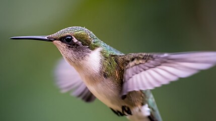 Obraz premium Hummingbird in Flight Showcasing Pearllike Organ for Flying in Vibrant Green Setting