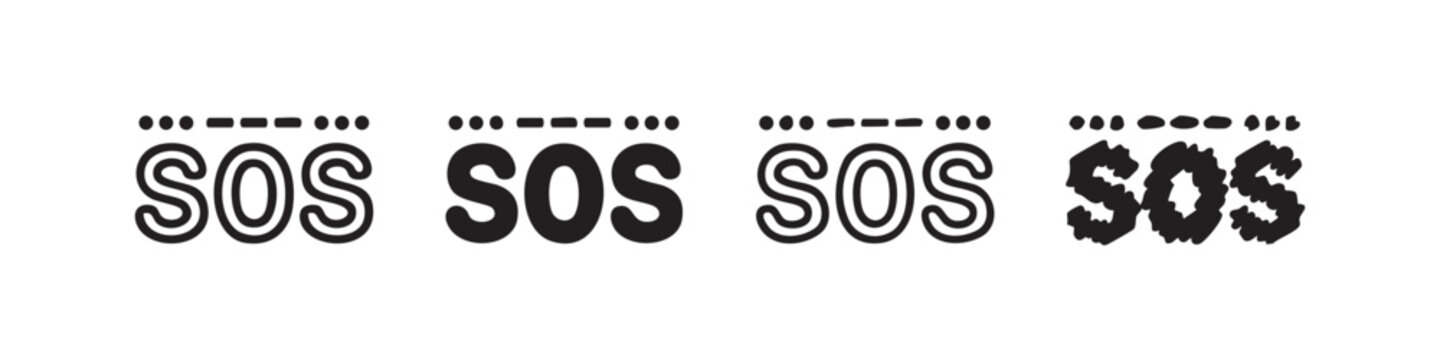 SOS Morse code and text icon set for emergency and distress signals