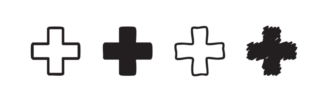 Plus and cross symbol icon set for medical, health, and addition