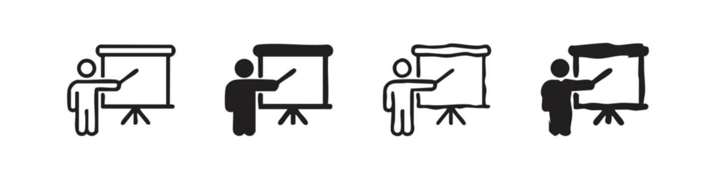 Presentation and teaching icon set with person and whiteboard