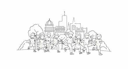 Obraz premium Cheerful children running in a park with city skyline background