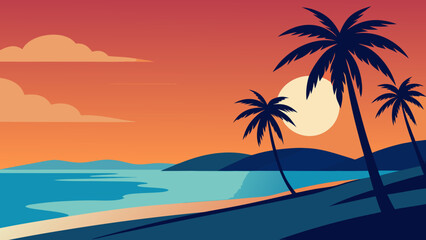 Fototapeta premium Tropical Beach Palm Trees Ocean Waves Wide Sky Copy Space Minimal Flat Illustration