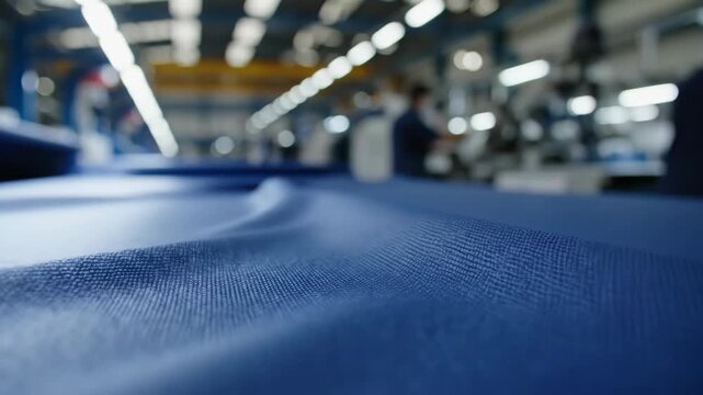 Blue fabric moving through industrial textile production line in a factory. Automated manufacturing process for high quality clothing material.