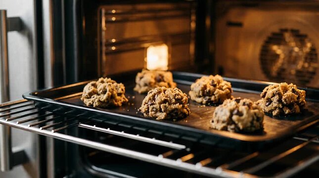 Close Up View Of Chocolate Chip Cookie Dough Baking On A Baking Sheet Inside A Hot Oven With Warm Light