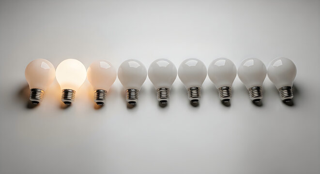 A row of light bulbs one illuminated symbolizing innovation and bright ideas