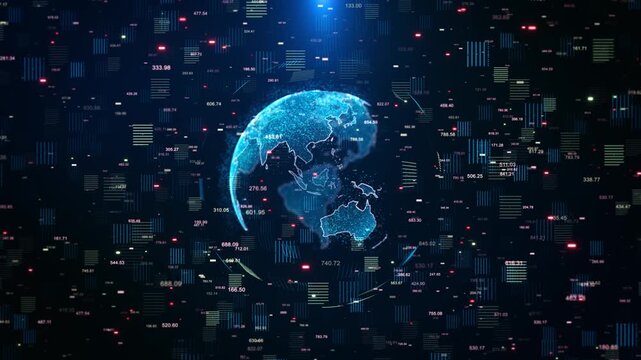 Global Data Sphere With Analytics Interface globe floating data panels numeric indicators for business dashboards, financial presentations, AI technology backgrounds, worldwide data monitoring visuals