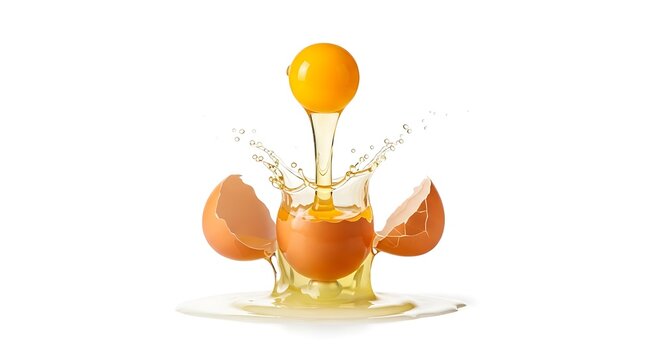 High speed photography showing a fresh brown egg being cracked with liquid yolk and white splash isolated on white background for culinary arts and cooking instructional materials.
