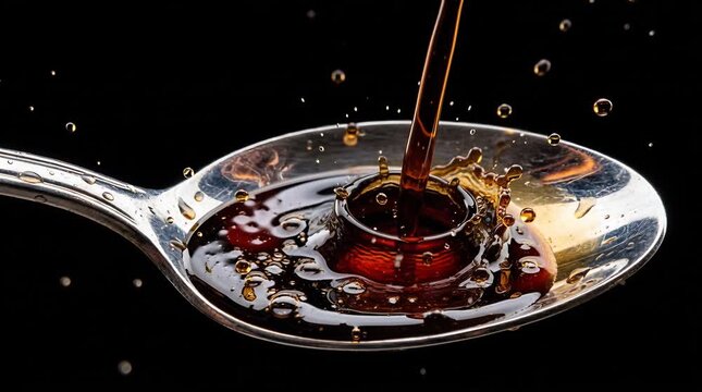Dark Brown Liquid Pouring Onto A Silver Spoon Creating Splashes And Droplets Against A Black Background With Dramatic Lighting
