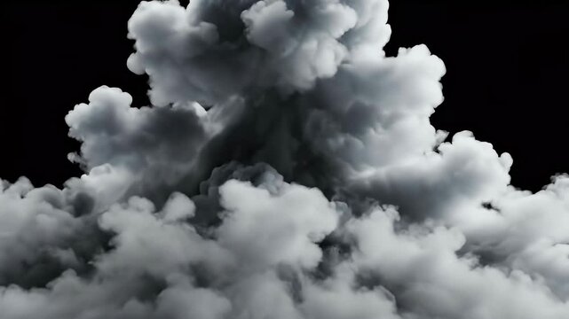 A dramatic, high-contrast image showcases a dense cluster of fluffy white clouds against a stark black background, creating a visually striking and atmospheric scene.