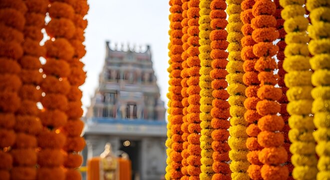 Marigold flower garlands hanging at an Indian temple entrance during ritual