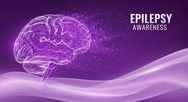 Wireframe brain graphic with particles and text EPILEPSY AWARENESS on purple background