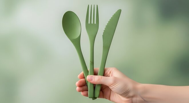 Hand holding green eco-friendly biodegradable cutlery set on a natural blurred background