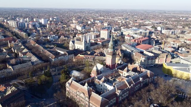 Drone view of Subotica downtown and city hall. Europe, Serbia