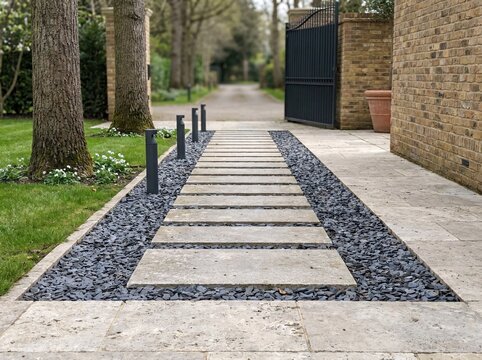 Modern stone pathway with gravel and uplighting in garden setting.
