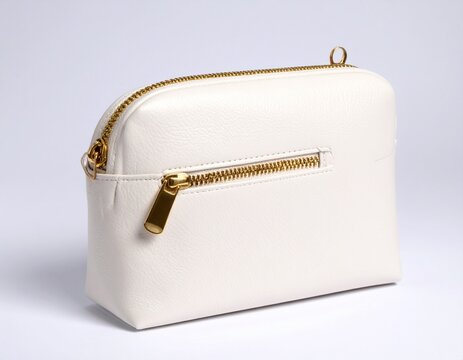 Minimal Ivory White Leather Cosmetic Bag Mockup Clean Makeup Pouch with Gold Zipper Branding Template Isolated on White Background