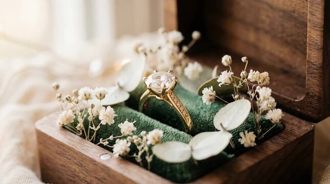 Elegant Gold Engagement Ring with Diamond Centered in Wooden Box with Green Velvet Cushion Surrounded by Delicate White Baby's Breath Flowers Soft Warm Bokeh Lighting and Cream Fabric Background