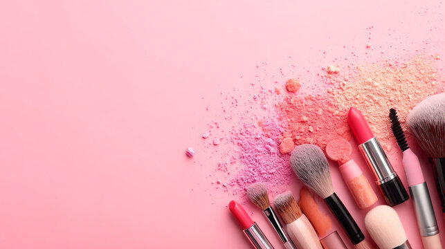 Assorted pink lipsticks and makeup brushes scattered on pink surface with cosmetics, lipstick