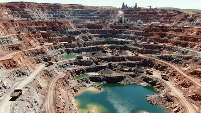 Aerial view of a large open pit mine with heavy machinery and trucks working on the extraction of resources from the earth surface, a vast industrial