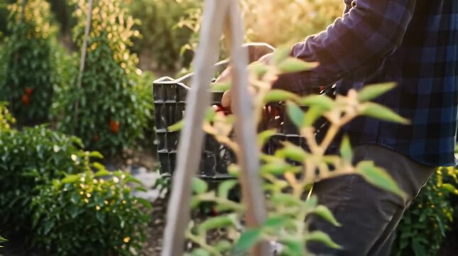Farmer Carries Crate Full Of Red Bell Peppers During Golden Hour Harvest In Lush Green Vegetable Garden With Sun Flare