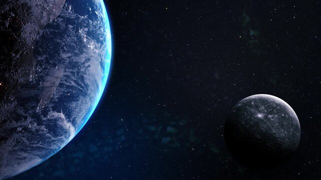 Earth atmosphere from space as Sun begins to rise, illuminating the planet, Geography Map, Satellite View, Motion Background, Educational and Travel Visual Deep Space Moons Orbiting a Distant Giant