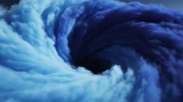 A swirling vortex of blue and white clouds dominates the scene, creating a dramatic and abstract atmospheric effect, with a dark center