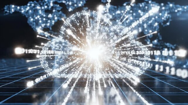 A glowing cloud of data streams forth from a network of interconnected points.