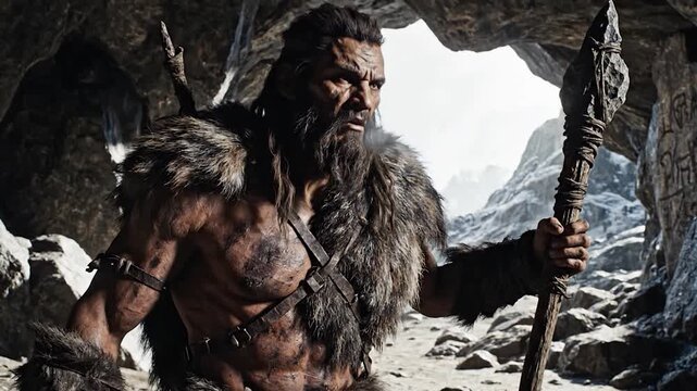 A strong, muscular warrior stands ready, holding a weapon, in a rocky cave, prepared for battle in a prehistoric setting