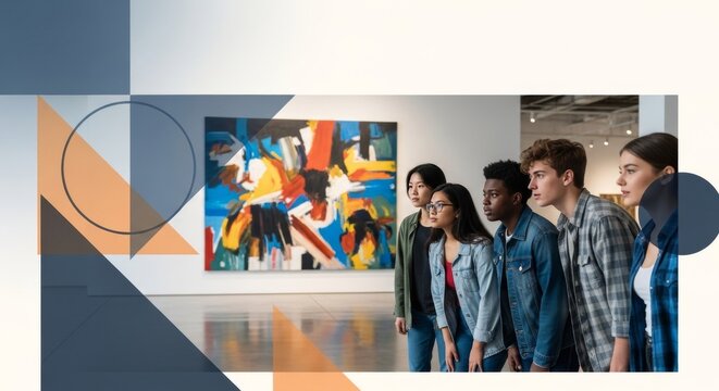 Diverse group of young adults in casual clothing observing abstract art in a modern gallery setting.