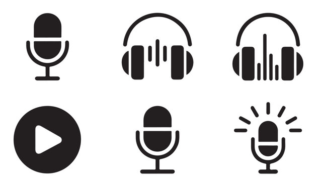 Audio equipment icon collection featuring microphones headphones and media play button sign.