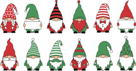 Cute Christmas gnome characters set with festive hats and beards holiday Scandinavian style illustration for winter decoration greeting cards and seasonal design © MdRashed
