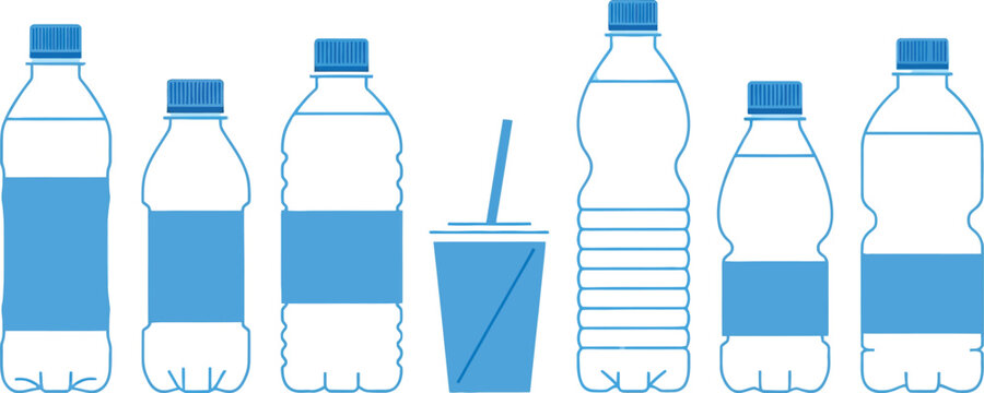 Vector illustration of assorted plastic water bottles and a disposable cup graphic