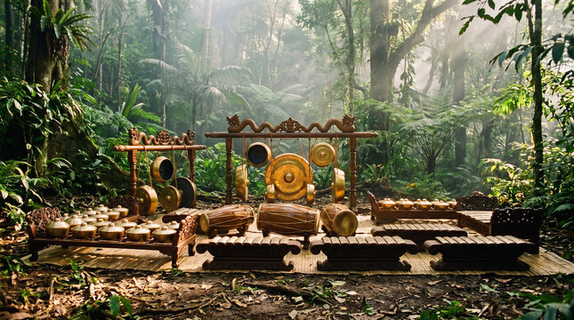 Indonesian gamelan set placed in lush forest environment with mist and natural lighting.