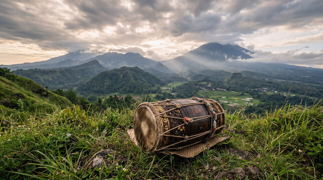 Traditional kendang drum placed in mountain environment, blending cultural music with natural landscape.