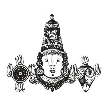 Sacred Hindu Iconography: Tirumala Balaji Kiritam and Namam Religious Vector Art. Decorative Sri Vaishnava Symbol of Lord Vishnu with Divine Disc and Conch Shell.