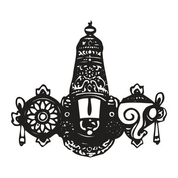 Sacred Hindu Iconography: Tirumala Balaji Kiritam and Namam Religious Vector Art. Decorative Sri Vaishnava Symbol of Lord Vishnu with Divine Disc and Conch Shell.
