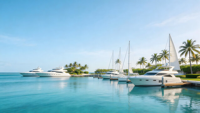 Luxury yachts docked at tropical marina