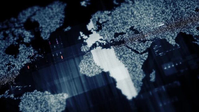 Global data network world map with matrix style grid, glowing HUD interface and streaming light trails, futuristic internet, IoT connectivity and digital simulation background