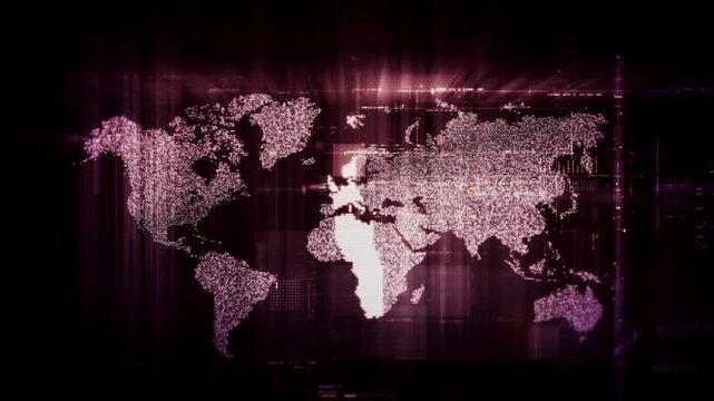 Global data network world map with matrix style grid, glowing HUD interface and streaming light trails, futuristic internet, IoT connectivity and digital simulation background