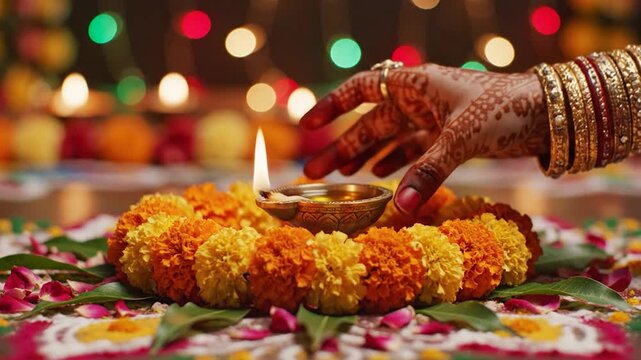 A close-up shot of a hand holding a small, lit oil lamp, placed on a decorative floral arrangement with colorful lights in the background
