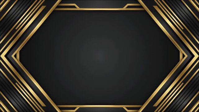 Sleek black and gold geometric frame animation, abstract polygonal digital interface background, modern luxury design, symbolizing prestige, technology