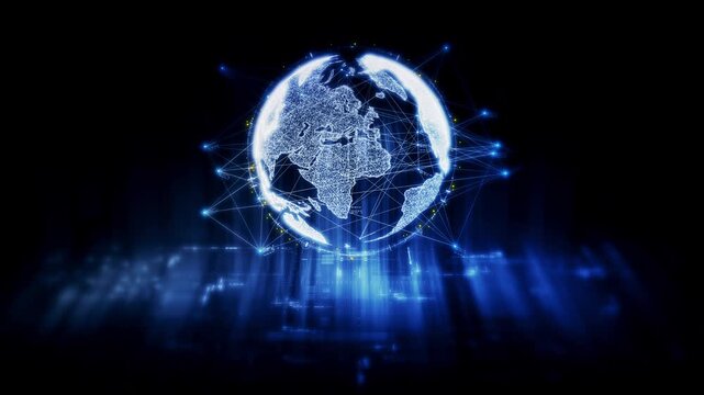 Global data network world map with matrix style grid, glowing HUD interface and streaming light trails, futuristic internet, IoT connectivity and digital simulation background
